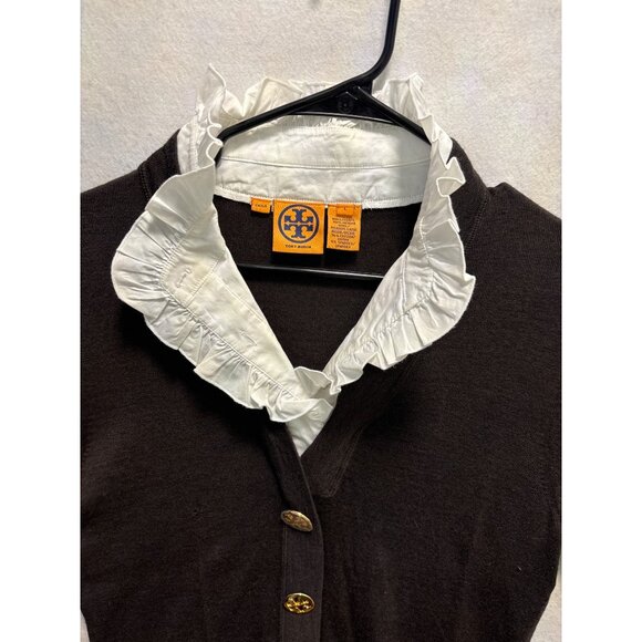 Tory Burch Womens Merino Wool & Cotton Ruffle Collar Cardigan Sweater Size L - Picture 3 of 14